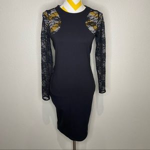 Black Lace Bodycon Dress Long Sleeve M Medium